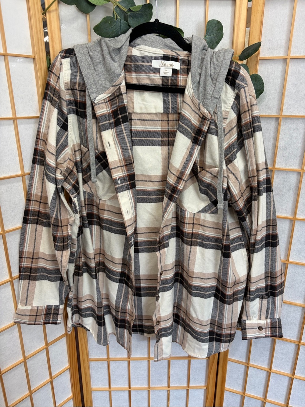 Neutral Plaid Hooded Button-Up Shirt Jacket